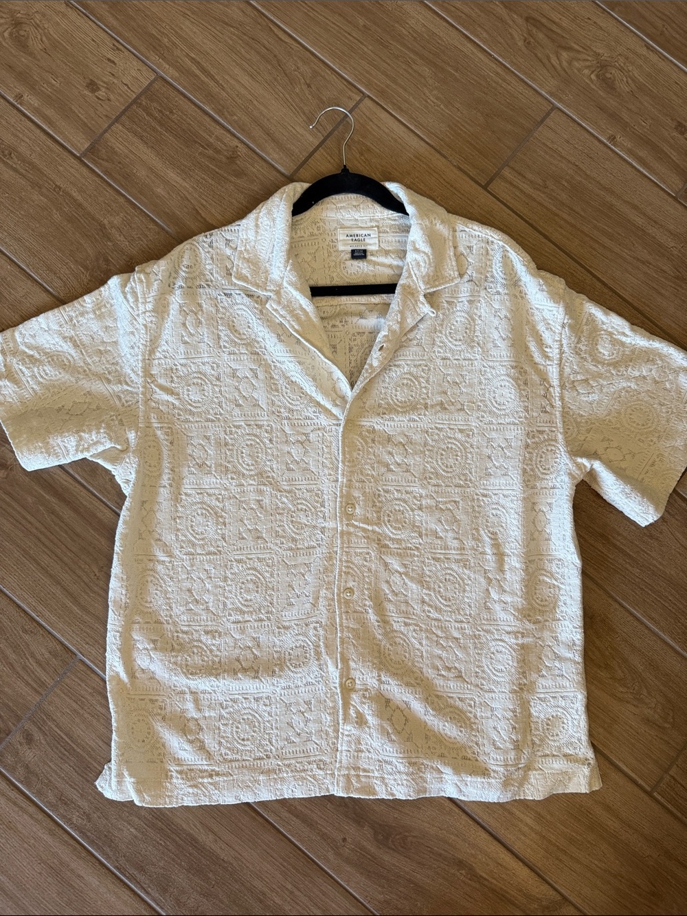 American Eagle Outfitters Cream Short-Sleeve Textured Camp Shirt